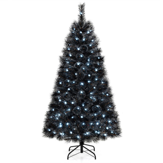 Dreamade 6/7/8 ft Pre-Lit Black Halloween Christmas Tree, Artificial Hinged Xmas Full Tree with 362/572/860 Pine Needles & PVC Branch Tips