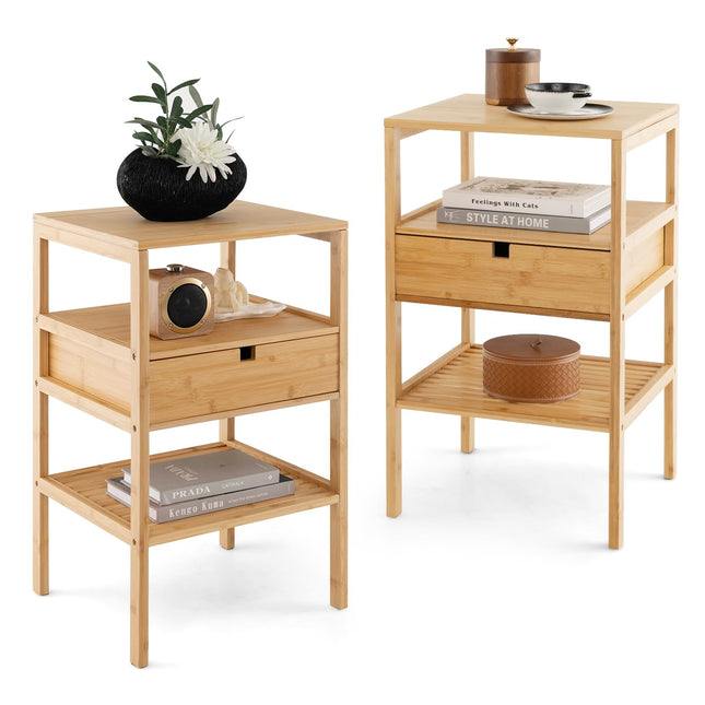 Dreamade Nightstand Set of 1/2, Bamboo End Table with Drawer and 2 Open Shelves