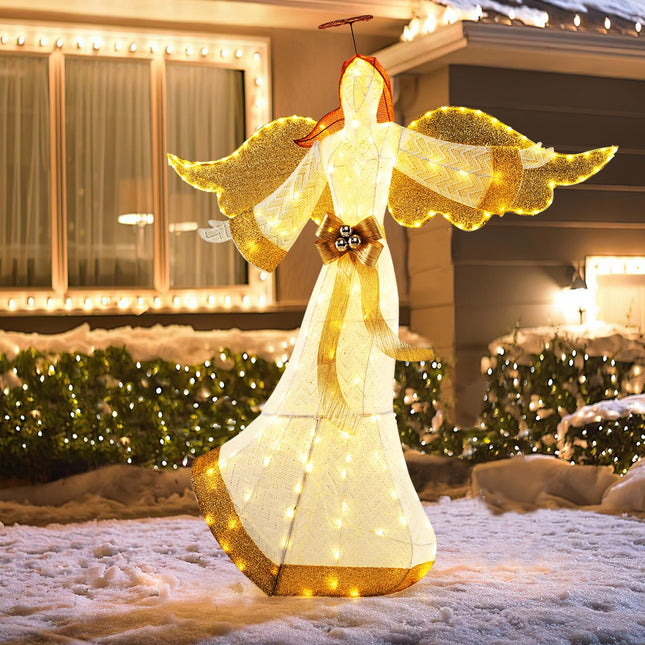 Dreamade 5.2 FT Christmas Lighted Angel, Pre-Lit Winged Holiday Figure Angel with180 Warm White LED Lights
