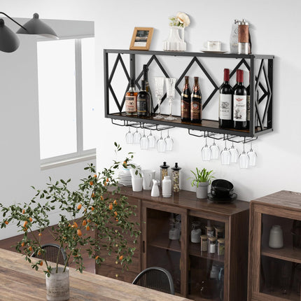 Dreamade Wall Mounted Wine Rack, Wine Display Shelf w/Wine Bottle Rack & 6 Rows of Stemware Holder