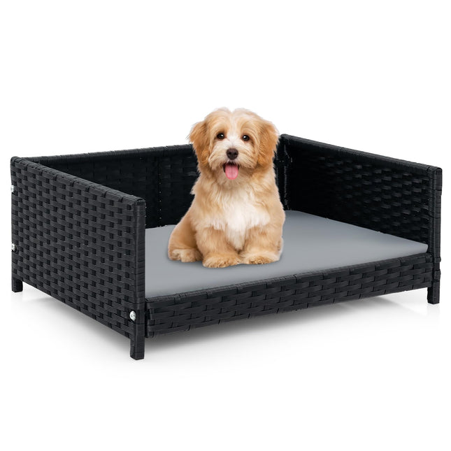 Dreamade Wicker Dog Bed, Raised Woven Rattan Pet Bed Sofa Couch w/Waterproof & Washable Cushion