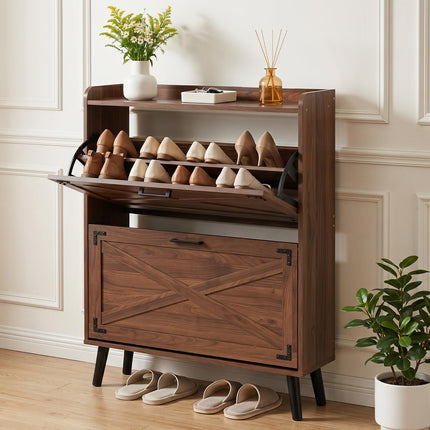 Dreamade Freestanding Slim Farmhouse Shoe Storage Cabinet with 2 Flip Drawers
