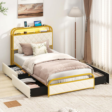 Dreamade Queen/Full/Twin Size Bed Frame with 4 Storage Drawers and Charging Station