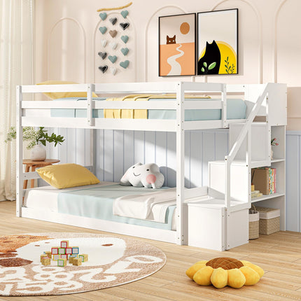 Dreamade Bunk Bed with Stairs, Solid Wood Floor Bunk Bed with Storage Staircase & Full-Length Guardrails