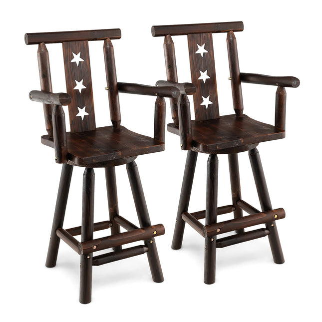 Brown Bar Stool, 29’’ Solid Fir Wood Bar Chair with Footrest, Decorative Star Backrest, Wide Armrest, Rustic Kitchen Stool