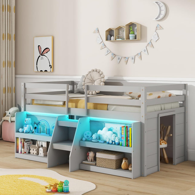 Dreamade Low Loft Bed with LED Lights, Wooden Twin Loft Bed with Stairs & Safety Guardrail