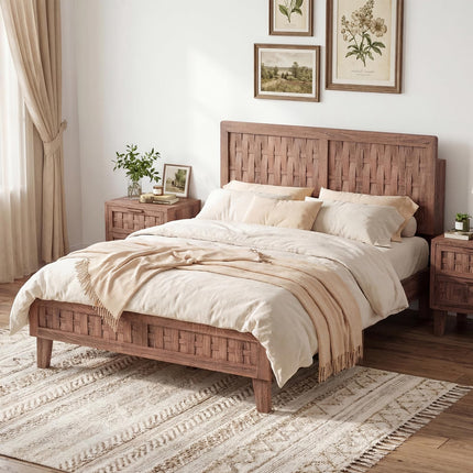 Dreamade Wood Bed Frame with Woven Headboard (Full/Twin/Queen)