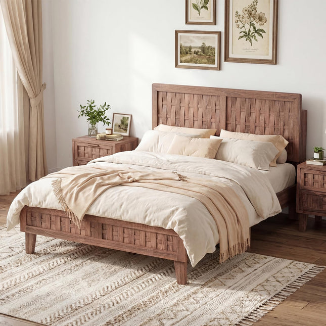 Dreamade Wood Bed Frame with Woven Headboard (Full/Twin/Queen)