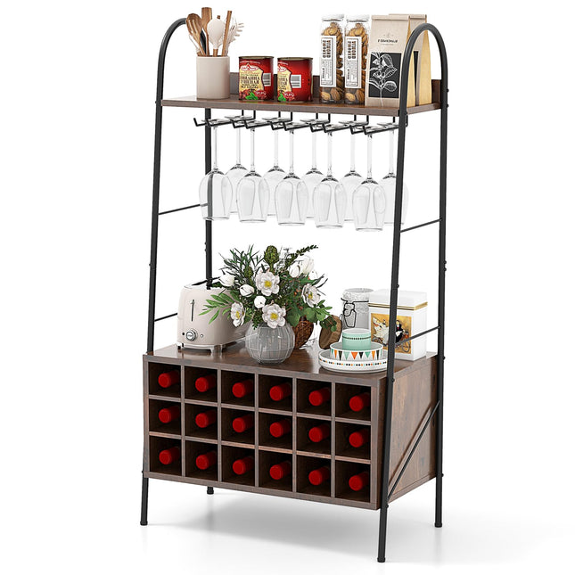 Dreamade 18-Bottle Wine Rack Freestanding Floor, Kitchen Baker’s Rack w/ 15 Glasses Holder, Rustic Brown