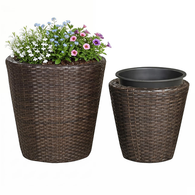 Dreamade Set of 2 Plastic Planters | 15 Inch & 11.5 Inch Taper Rattan Planters with Drainage Holes
