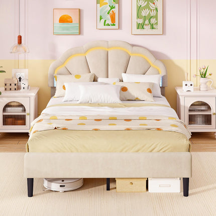 Dreamade Full Size LED Bed Frame, Velvet Upholstered Full Platform Bed with Adjustable Cloud Headboard