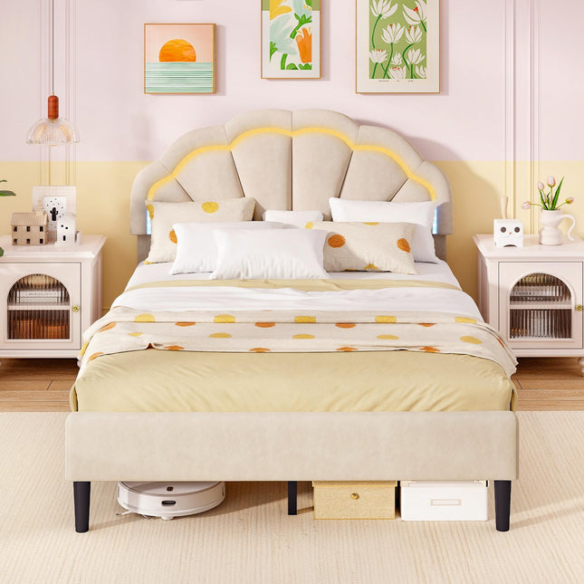 Dreamade Full Size LED Bed Frame, Velvet Upholstered Full Platform Bed with Adjustable Cloud Headboard