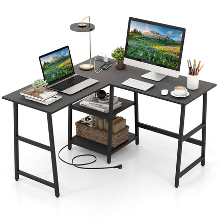 Dreamade L Shaped Desk with Power Outlets & USB Ports, 48" Corner Gaming Desk with 2 Tier Storage Shelves