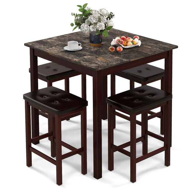 5-Piece Bar Table Set Counter-Height Dining Table and 4 Bar Stools-Brown & White