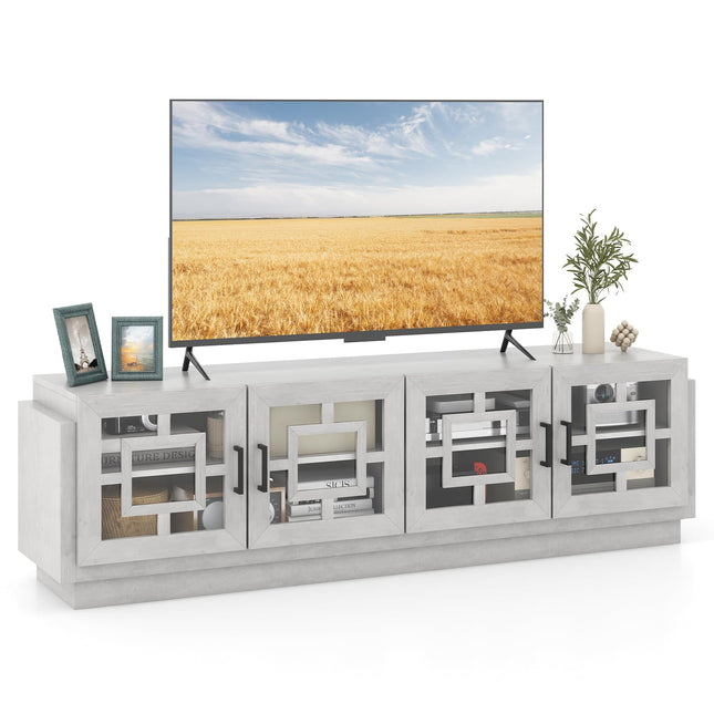 Dreamade Farmhouse TV Stand for TVs up to 75”, 4-Door Glass Entertainment Center with 2 Cabinets
