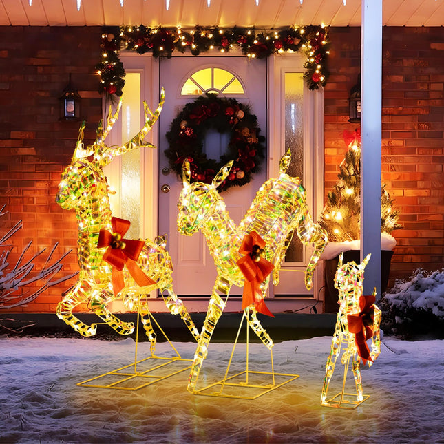 Dreamade Christmas Lighted Reindeer, Set of 3 Reindeer Decorations with LED Lights and Red Bows