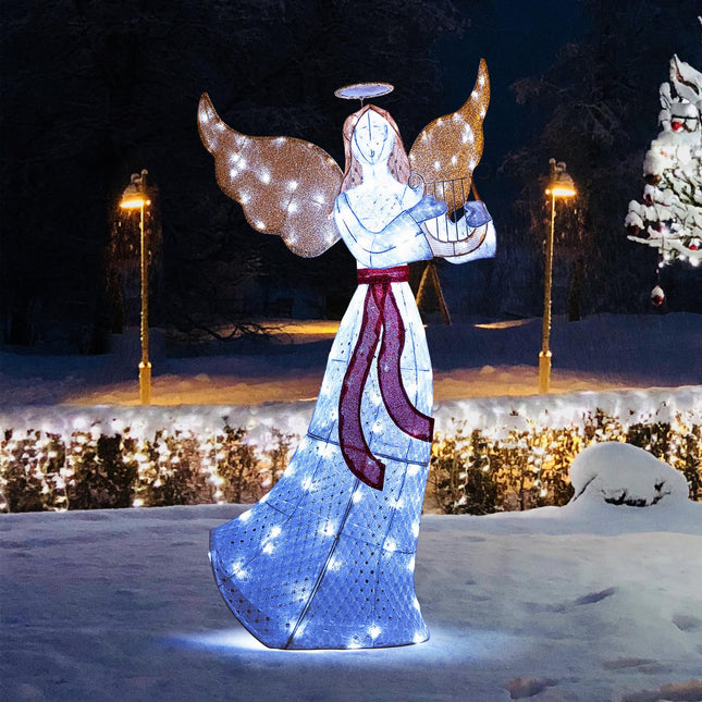 Dreamade 5 FT Christmas Lighted Angel, Pre-Lit Winged Holiday Figure Angel with 120 Cold White LED Lights
