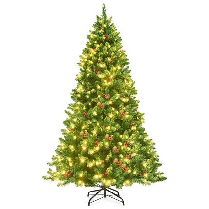 Dreamade 6.5FT Pre-Lit Christmas Tree with 1100 Branch Tips Pine Cones and Red Berries