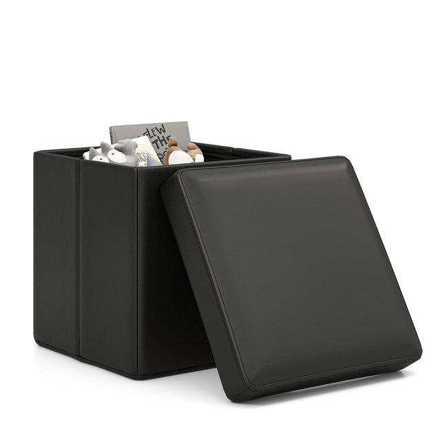 Dreamade Cube Storage Ottoman - 15 Inches Folding Ottoman Storage Chest, PVC Leather, Upholstered Footrest