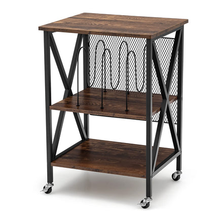 Dreamade Record Player Stand, Vinyl Record Storage Table w/ 3 M-shaped Dividers & 4 Rolling Wheels, Rustic Brown
