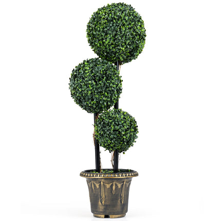 Dreamade 3 FT Artificial Boxwood Topiary Tree Sun-Protective Triple Ball Fake Plants Shrubs (1/2 Pack)