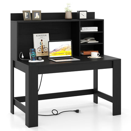Dreamade Computer Desk with Hutch, Modern Home Office Desk with Power Outlets, Storage Shelves & Cable Hole