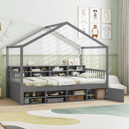 Dreamade Twin Size House Bed with Storage, Wooden Montessori House Bed with 14 Storage Cubes