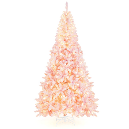Dreamade 7.5ft Pink Pre-Lit Christmas Tree, Hinged Artificial Snow Flocked Xmas Tree with 1100 PVC Branch Tips, 450 LED Lights - DreamadeUS