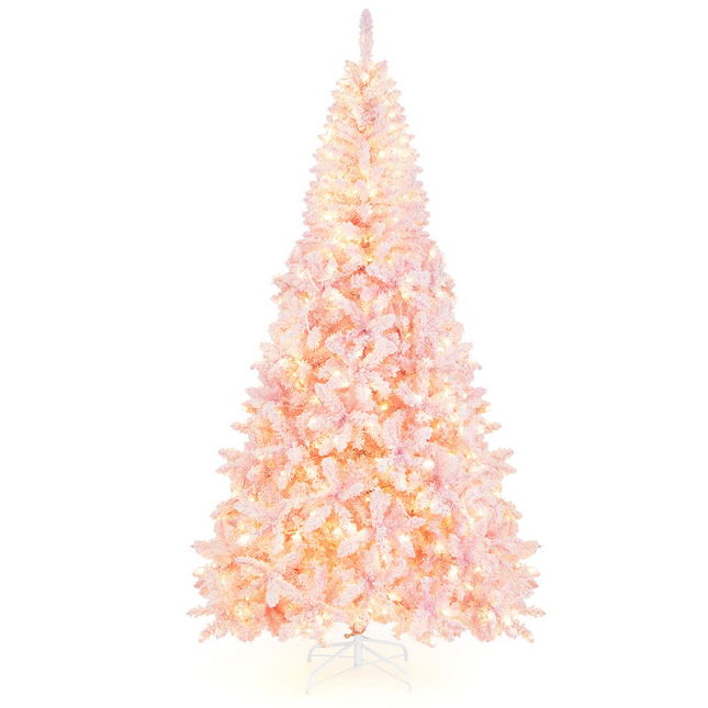 Dreamade 7.5ft Pink Pre-Lit Christmas Tree, Hinged Artificial Snow Flocked Xmas Tree with 1100 PVC Branch Tips, 450 LED Lights - DreamadeUS