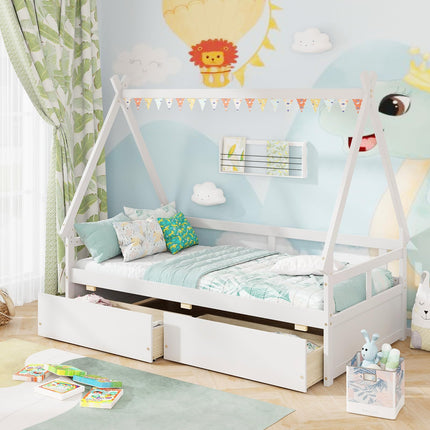 Dreamade Twin Bed with 2 Storage Drawers, Wood Montessori House Tent Bed Frame with Safety Guardrail