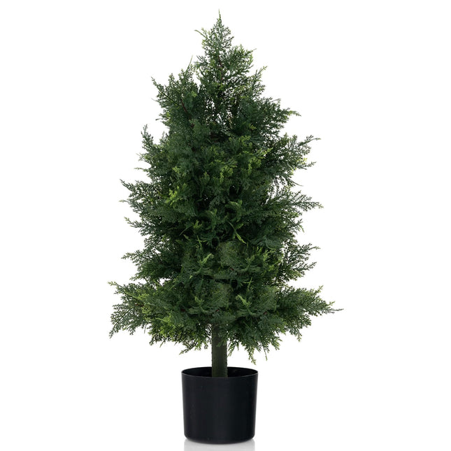 Dreamade 31.5'' Artificial Cedar Topiary Trees for Outdoors, Potted Fake Cypress Trees with Cement Plastic Pot