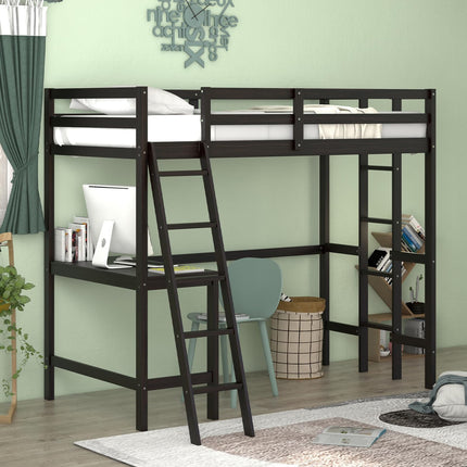 Dreamade Twin Size Loft Bed with Desk, Solid Wood Loft Bed with 2 Ladders & Full Length Guardrail