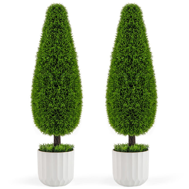 Dreamade 3ft Artificial Cedar Teardrop Shaped Topiary Tree, 2 Pack Faux Potted Plants with Plastic Nursery Pot