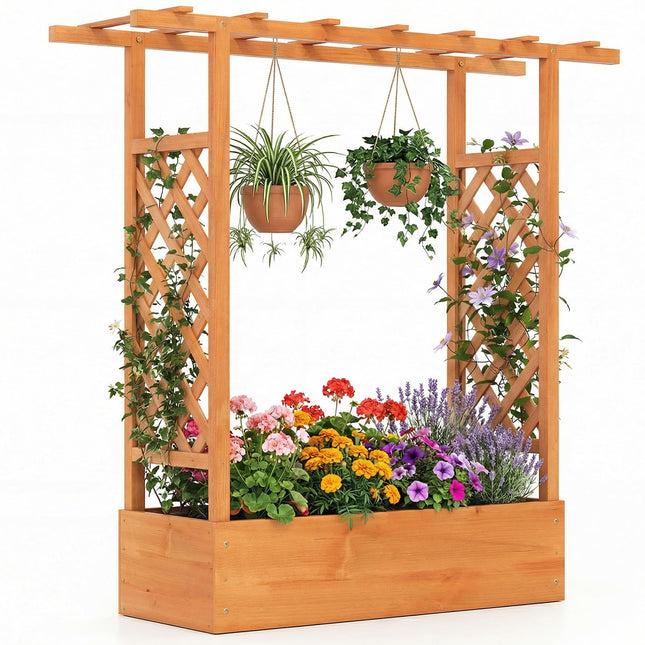 Dreamade Wooden Raised Garden Bed with Trellis & Hanging Roof