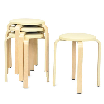4-Pack Bentwood Stack Stools, 18.5-Inch Portable Stools with PU Leather Round Top, Non-Slip Foot Mats