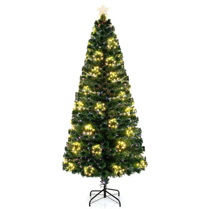 Dreamade 7ft Pre-Lit Fiber Optic Christmas Tree, Artificial Lighted Xmas Tree with 48 Warm-White Shape-Adjustable Star String Lights