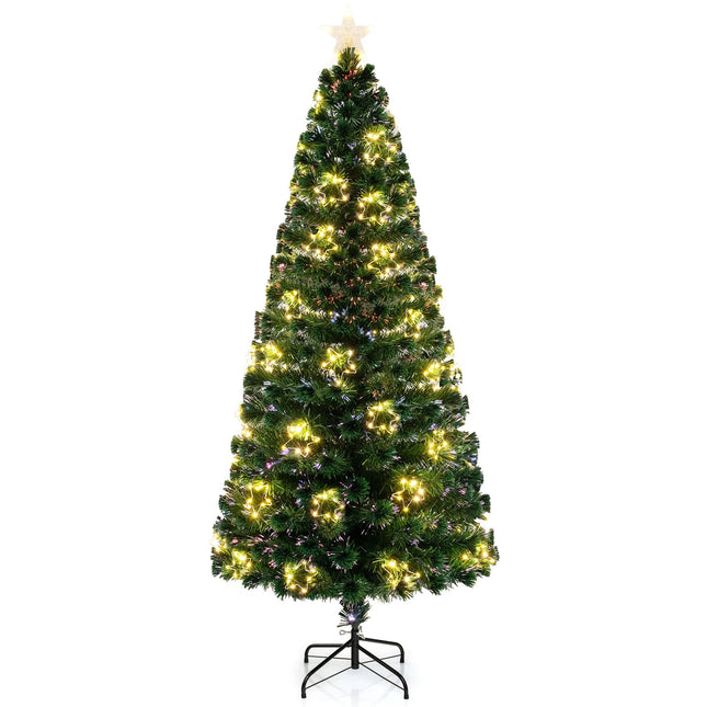 Dreamade 7ft Pre-Lit Fiber Optic Christmas Tree, Artificial Lighted Xmas Tree with 48 Warm-White Shape-Adjustable Star String Lights