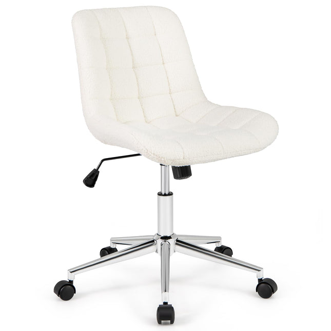 Dreamade Armless Office Chair, Modern Faux Fur White Vanity Chair with Wheels & Adjustable Height