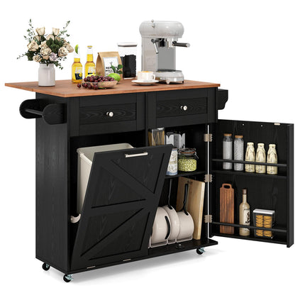 Dreamade Kitchen Island Cart with Hidden Tilt Out Trash Can Cabinet, Drop Leaf, 2 Drawers, Towel Rack