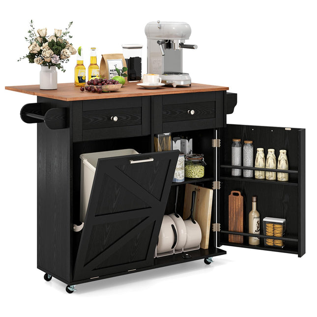 Dreamade Kitchen Island Cart with Hidden Tilt Out Trash Can Cabinet, Drop Leaf, 2 Drawers, Towel Rack