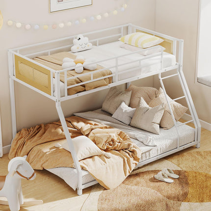 Dreamade Twin Over Full Metal Bunk Bed, Boho Rattan Floor Bunkbeds