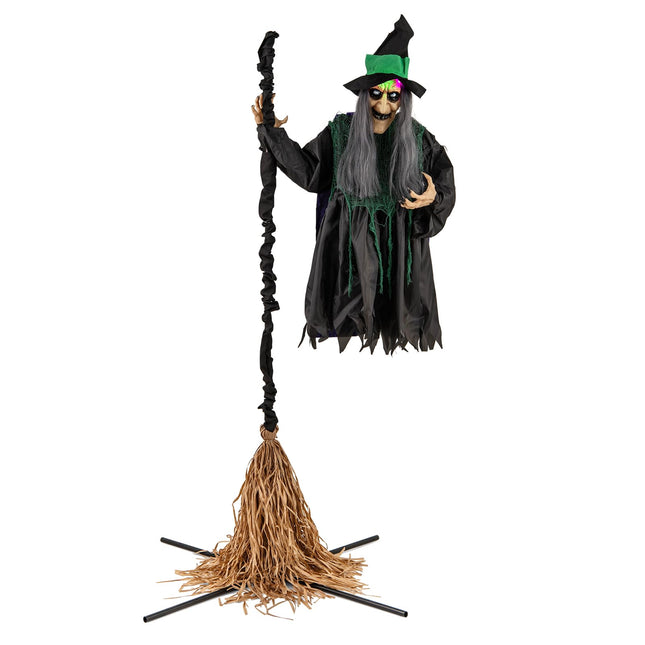 Dreamade Witch with Broomstick Halloween Animatronic, Life Size Animated Halloween Prop with Laughing and Screaming Sound