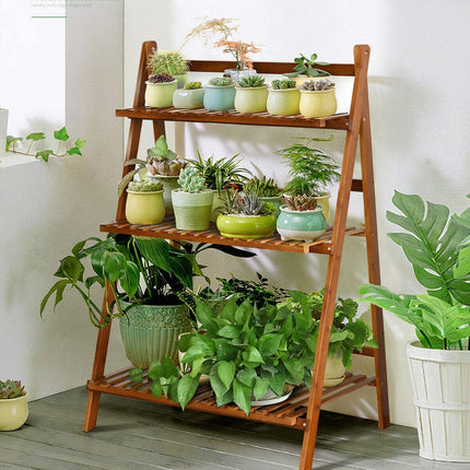 Dreamade 3 Tier Folding Storage Shelf, Bamboo Ladder Plant Stand