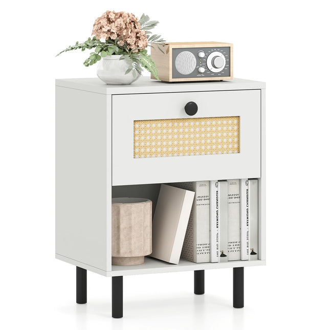 Dreamade Rattan Nightstand Boho End Table with Rattan Drawer and Open Shelf