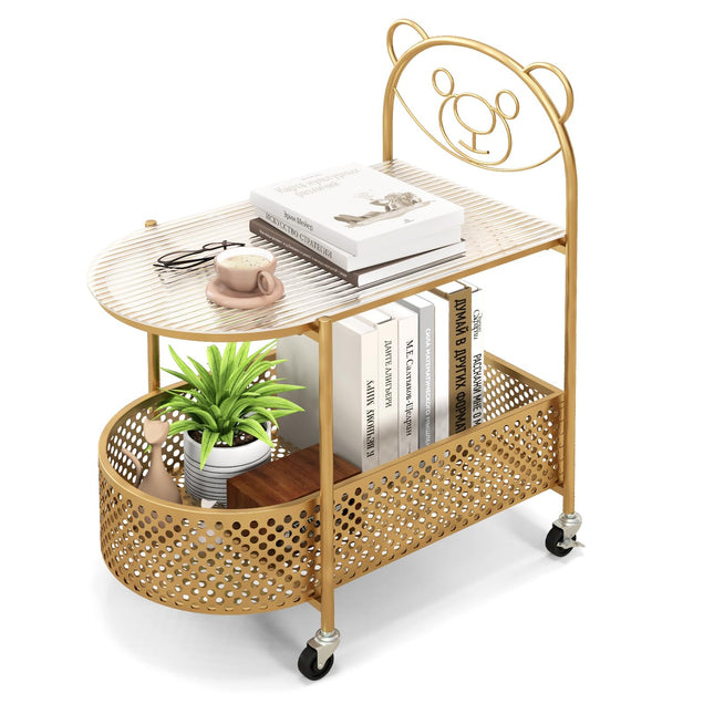 Dreamade Mobile Glass Coffee Table, 2-Tier Modern Cocktail Table with Bear Pattern, Storage Basket & Metal Frame
