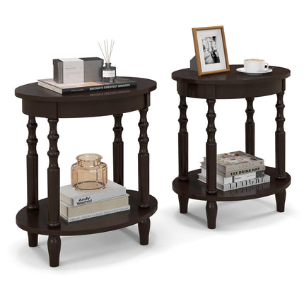Dreamade End Table with Storage Shelf Set of 2, 24.5" Oval Round Side Table with Solid Wood Legs