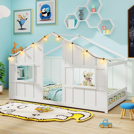Dreamade Twin Kids House Bed with Light Bulbs Wooden Montessori Floor Bed Frame with Roof & Windows
