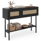 Dreamade Rattan Console Table Boho Entryway Table with 2 Storage Cabinets