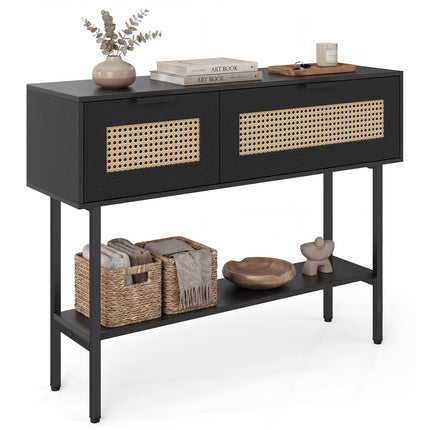 Dreamade Rattan Console Table Boho Entryway Table with 2 Storage Cabinets