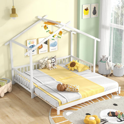 Dreamade Extendable House Bed for Kids, Twin to King Daybed with Roof & Fence Rails, Wood Kids Bed Frame for Teens